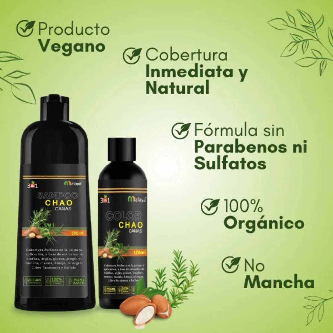 Botellas de Shampoo y Tratamiento Malaya Chao Canas